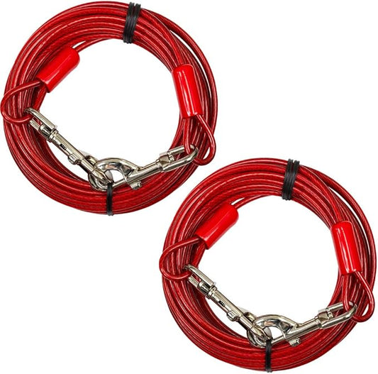 BV Dog Tie Out Cable 30 Feet - Heavy Duty Dog Lead Up to 125 Pounds - Reflective & Rust-Free with Quick Release Swivel Clips & 360° Rotating Clasp - Tangle-Free Dogs Runner for Yard (Red, Pair)