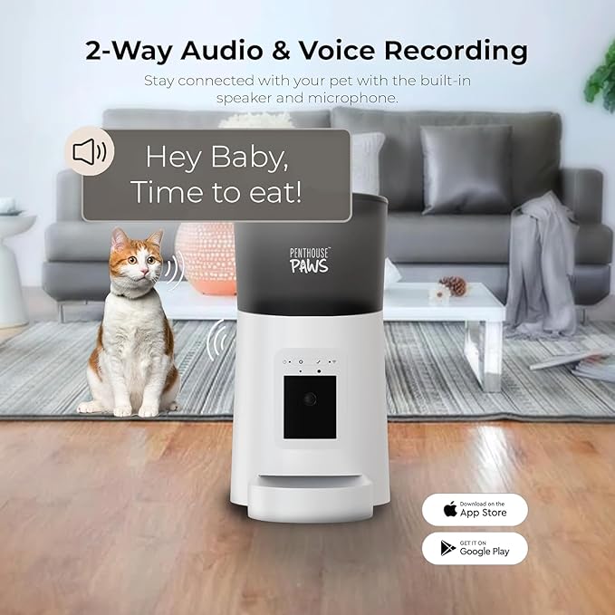 Smart HD Cat Feeder, 2 Way Audio + Voice Recording, Automatic Feeder for Dog with 1080p Night Vision Camera, WiFi App Controlled, Battery Backup, Anti Jam 6L Upto 15 Daily Meals, White