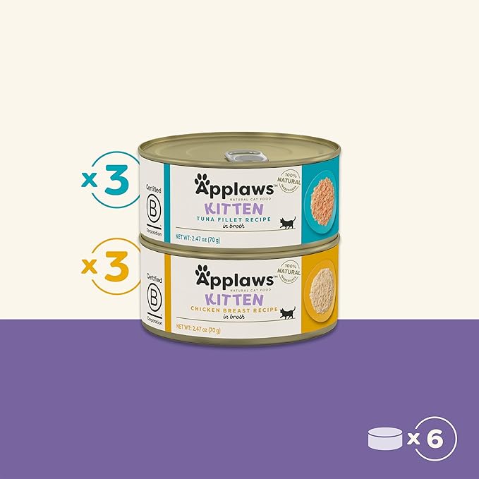 Applaws Natural Wet Kitten Food in Broth, Limited Ingredient, No Additives, Kitten Food Variety Pack in Broth (6 x 2.47oz Cans)