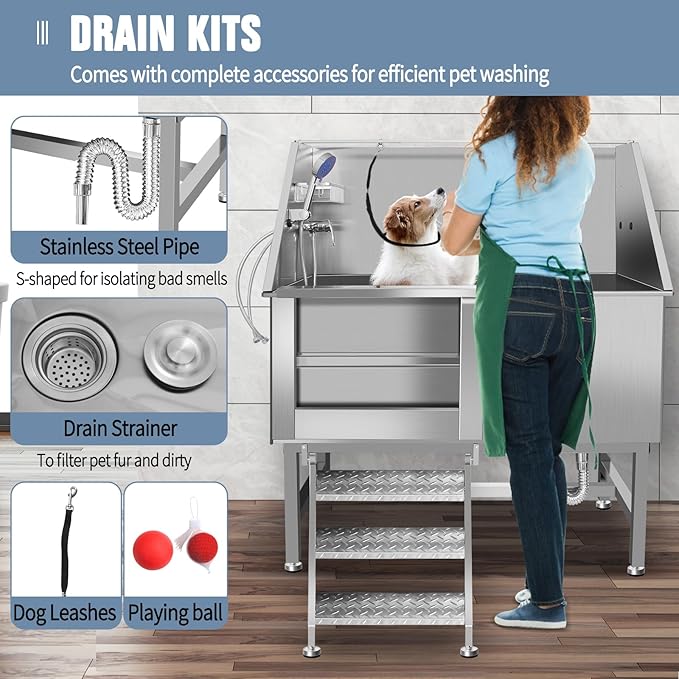 50" Dog Bathing Station, Professional Dog Washing Station Stainless Steel Dog Grooming Tub for Home,Equipped with Three Anti-Slip Steps, Removable Door, Pet Wash Station for Pet (50" Left ramp)