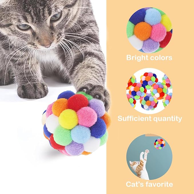 9PCS Cat Toy Balls, 1,75'' Soft Pom Pom Ball for Kittens, Colorful Soft Fuzzy Balls Built-in Bell for Cats, Interactive Playing Chewing Toys for Indoor Cats and Kittens, Cute Kitten Kitty Toys