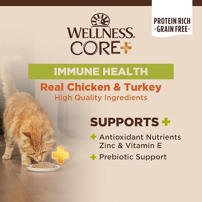 Wellness CORE+ Immune Health Pate Adult Wet Cat Food, Natural, Protein-Rich, Grain Free, 2.8 Ounce, 12 Pack (Chicken & Turkey)