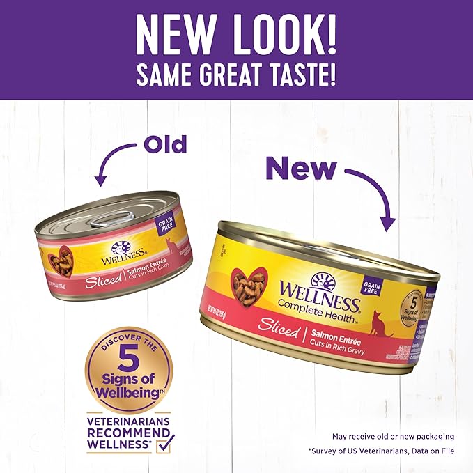 Wellness Complete Health Sliced Adult Wet Cat Food, Natural, Protein-Rich, Grain Free, 5.5 Ounce, 24 Pack, (Salmon Entrée)