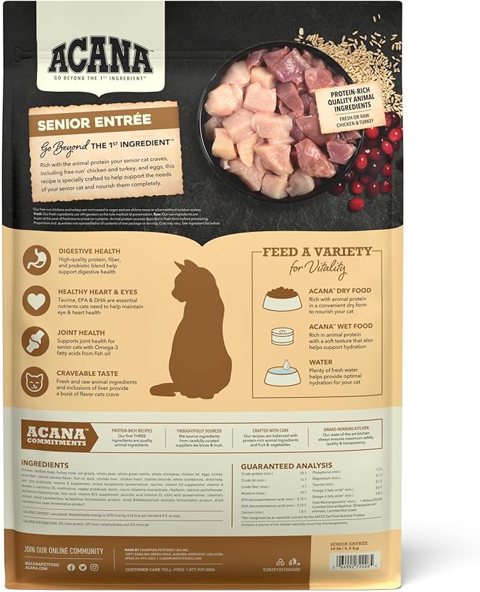 ACANA Dry Cat Food for Seniors Senior Entrée Chicken Turkey and Duck 10lb Bag