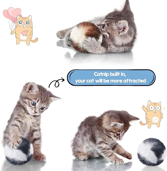 Skylety 8 Pieces Cat Pom Poms Ball with Catnip Soft Cat Balls Toy Large Plush Fuzzy Artificial Balls Faux Fur Patch Puff 2 Inches for Kitten Pet Interactive Chasing Playing Exercising Indoor