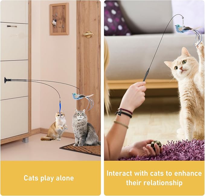 Cat Feather Toys, 14PCS With 2 Slots Super Suction Cup, Detachable 2PCS Wand & 11PCS Replacement Teaser Refills With Bell, Interactive Toy for Indoor Cats Kitten Play Exercise