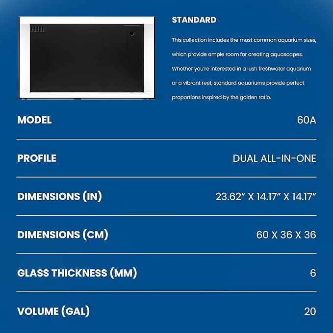 Ultum Nature Systems Dual AIO - Freshwater/Saltwater Compatible All in One Rimless Tank with Triple Chamber Filtration System, Integrated Filter Aquarium w/Leveling Mat - 20 Gallon, 60A, Black