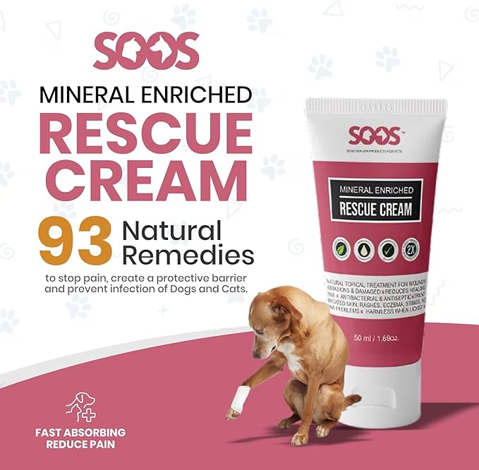 Soos Pets Pet Rescue Cream for Dogs and Cats | Natural Dead Sea Mineral Enriched | Fast Absorbing Reduce Pain | Topical Treatment of Injuries Cuts Sores Wounds Scratches Damaged Skin - 50ml