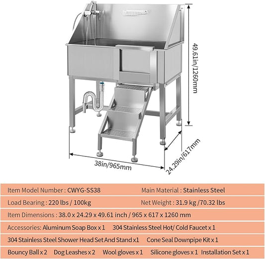 Dog Washing Station 38'' Stainless Steel Pet Grooming Tub for Large Dogs Over-Size Professional Dog Grooming Bathtub Station Wash Shower Sink Pet Grooming Bathtub Station,Right Door