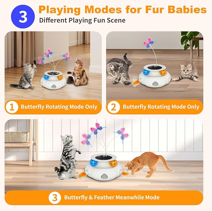 Interactive Cat Toys for Indoor Cats, 3in1 Rechargeable Pet Teaser Toy with Ambush Feather Wand, Fluttering Butterfly and Track Balls, Touch Activated Automatic Kitten Toys with Remote Control