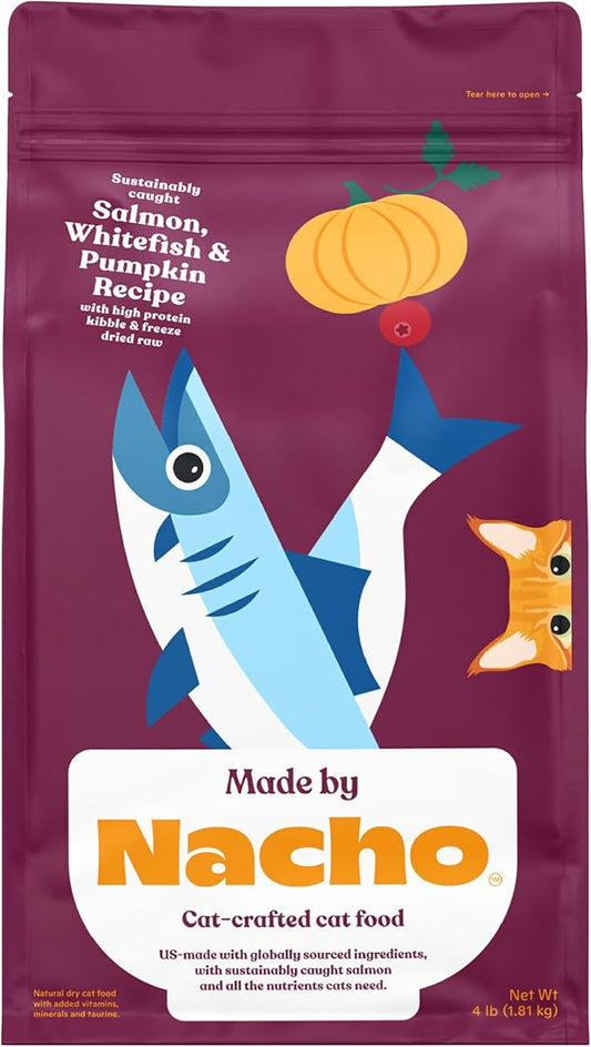 Made by Nacho Dry Cat Kibble 4lb Bag, High Protein Premium Cat Food with Freeze Dried Pieces, Sustainably-Caught Salmon, Whitefish & Pumpkin, Limited Ingredients, Single Bag