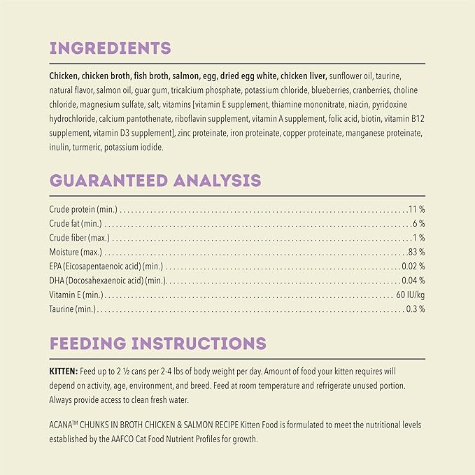 ACANA Chunks in Broth Wet Cat Food Chicken & Salmon Recipe for Kittens 3oz Cans (12 Count)