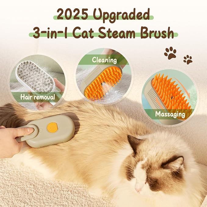 Cat Steam Brush for Shedding, 2025 New 3 in 1 Cat Brushes for Indoor Cats, Pet Steam Groomer Comb, Hair Water Brush Hair Removal Comb for Cats Dogs (Khaki+White)