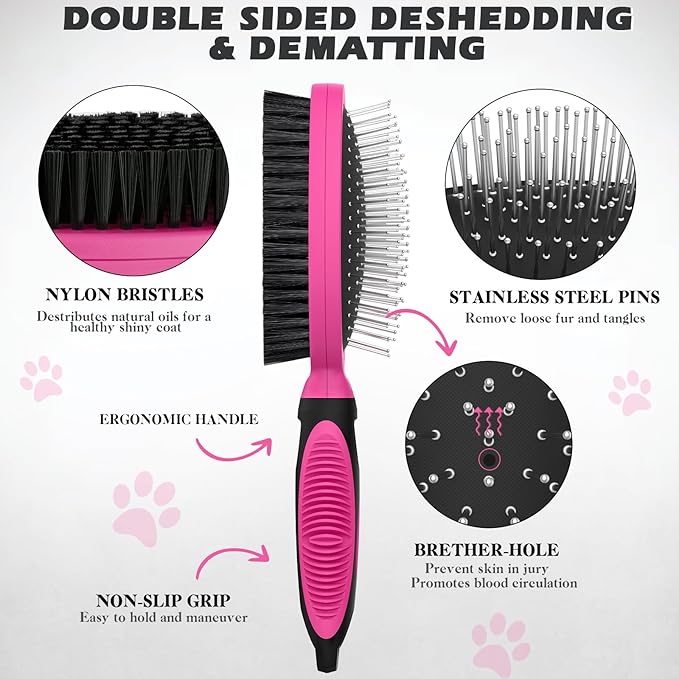 2PCS Pet Grooming Tools - Double-Sided Brush for Shedding and Bathing, Suitable for Short/Long Haired Dogs Cats and Horses, Deshedding Dog Brush, Mane & Tail Combs for Horses - Pet Supplies (Pink)