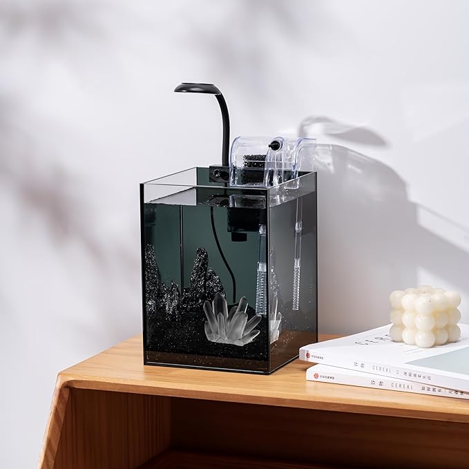 Nano Aquarium Kit,1.5 Gallon Rimless Small Glass Tank with Filter, Aquarium Light, and Aquascaping Decorations, for Home and Office (Black Tank - White Crystal, Small)