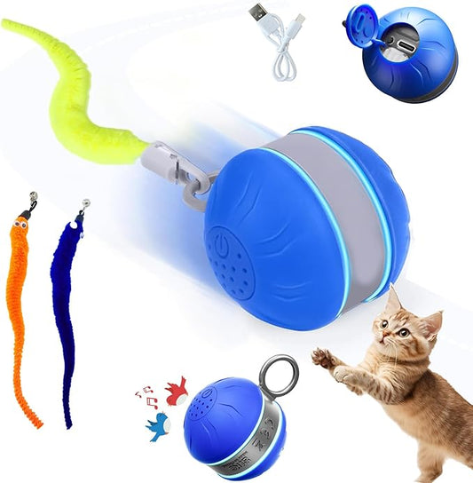 Interactive Cat Toys for Indoor Cats with 3 Mouse Tails,Electric Cat Ball Toy with Bird Chirping Sounds,Automatic Spinning Moving,300mAh Long Endurance Type-C Rechargeable,Pet Cat Supplies (Blue)