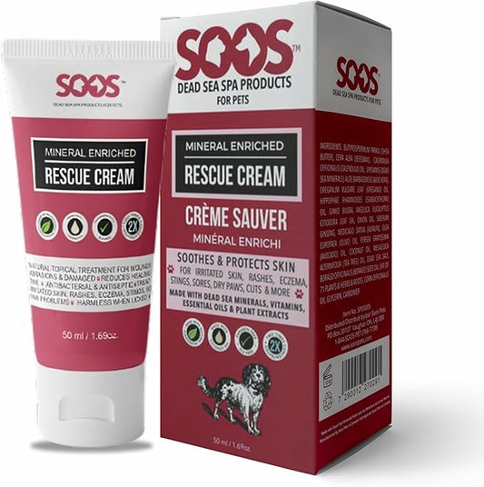 Soos Pets Pet Rescue Cream for Dogs and Cats | Natural Dead Sea Mineral Enriched | Fast Absorbing Reduce Pain | Topical Treatment of Injuries Cuts Sores Wounds Scratches Damaged Skin - 50ml