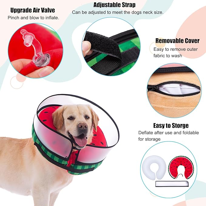 Inflatable Dog Cone Collar with Enhanced Anti-Licking, Soft Neck Donut for Dogs Cats, Recovery Pet Cone Collar After Surgery for Large Medium Small Dogs… (Watermelon, Small)