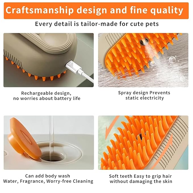 Cloud Care Cat Brush，Cat Hair Steam Brush for Shedding， 2024 Best Cat Steam Brush, Pet Steam Brush, 3-in-1 Self-Cleaning Cat Brush with 360° Rotating Arm, Detachable Silicone Bristle Head (Brown)