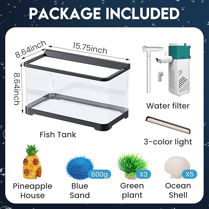 LED Aquarium Fish Tank Kit,（Light + Filter + Green Plants + Blue Sand + Pineapple Houses + Shells） Black, 4.5 Gallon