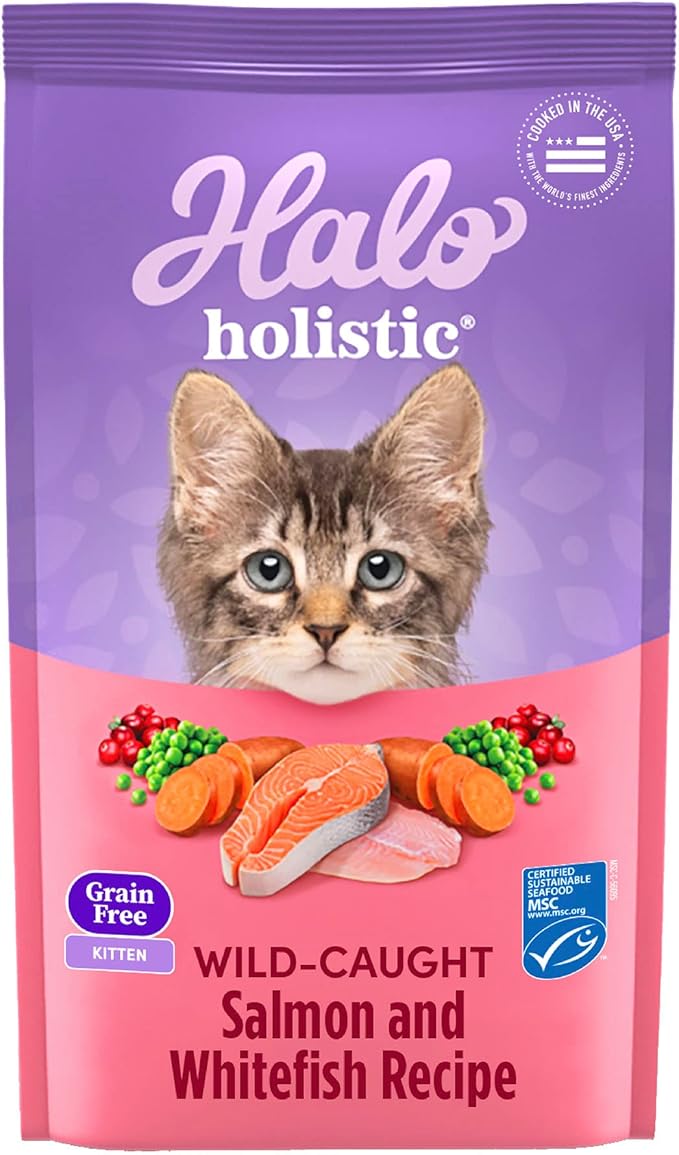 Halo Holistic Kitten Food, Wild Caught Salmon & Whitefish Recipe, Grain Free Dry Cat Food, Complete Digestive Health, 10 lb Bag