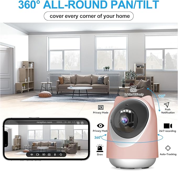Indoor Camera, Cameras for Home Security,Home Cameras Indoor for Baby&Pet Monitoring,Night Vision,Smart Motion Tracking, Pan360° & Tilt 180°, 3MP Wi-Fi Two-Way Audio （Pink