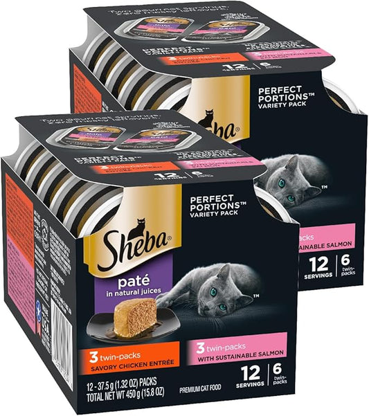 Sheba Perfect Portions Wet Cat Food Pate Savory Chicken Entree and with Sustainable Salmon Variety Pack, 2.6 oz. Twin-Pack Trays (6 Count, 12 Servings) (Pack of 2)