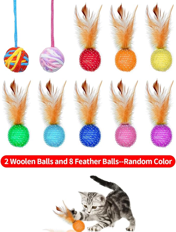 PET SHOW 10 Pack Cat Toys - Woolen Yarn Cat Balls, Interactive Mesh Feather Ball, String Toy for Indoor Cats, Chase Training Activity for Kittens