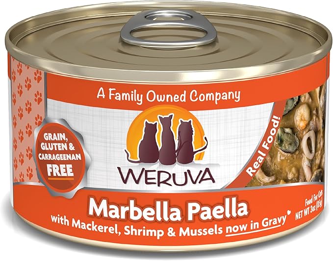 Weruva Classic Cat Food, Marbella Paella with Mackerel, Shrimp, & Mussels in Gravy, 3oz Can (Pack of 24)