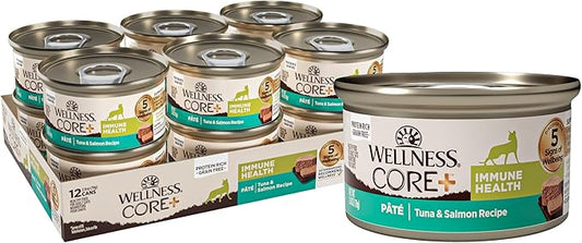 Wellness CORE+ Immune Health Pate Adult Wet Cat Food, Natural, Protein-Rich, Grain Free, 2.8 Ounce, 12 Pack (Tuna & Salmon)