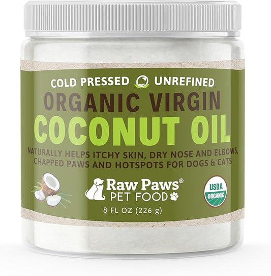 Raw Paws Virgin Organic Coconut Oil for Dogs & Cats, 8-oz - Treatment for Itchy Skin, Dry Nose, Paws - Hot Spot Lotion for Dogs - Natural Hairball Remedy for Cats