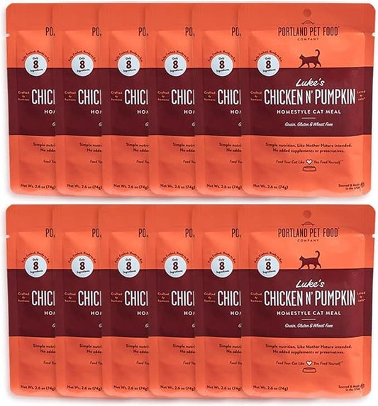 Portland Pet Food Company Human-Grade Mixed Variety Pack Wet Cat Food Pouch Luke's Chicken N' Pumpkin - Moist, Soft Cat Food Mixer, Topper, and Rotational Meal - 12 Pack