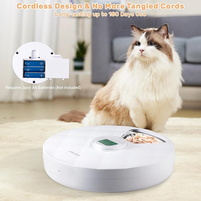 Automatic Cat Feeder Wet Food, Battery Operated Auto Feeder with 2 Ice Packs, Digital Cordless Pet Fresh Food Bowl with Timer and Memory Function for Cats Small Dogs (6-Meal Stainless Steel)