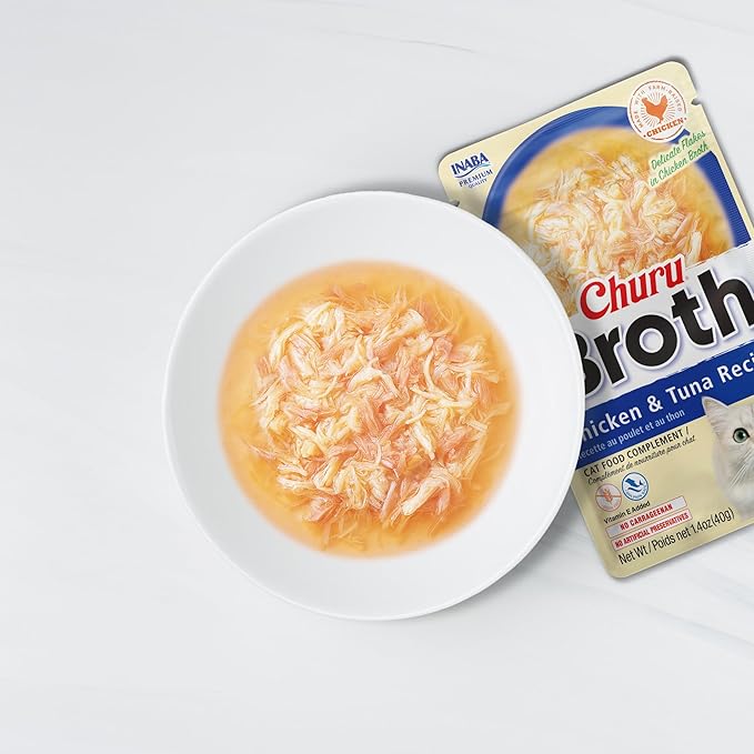 INABA Churu Broth for Cats, Side Dish Pouch, 1.4 Ounces per Pouch, 12 Pouches, Chicken and Tuna Variety