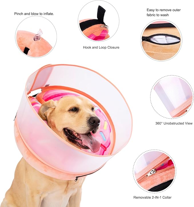 Inflatable Dog Cone Collar with Enhanced Anti-Licking, Soft Neck Donut for Dogs Cats, Recovery Pet Cone Collar After Surgery for Large Medium Small Dogs (Donut Pink2, Large)