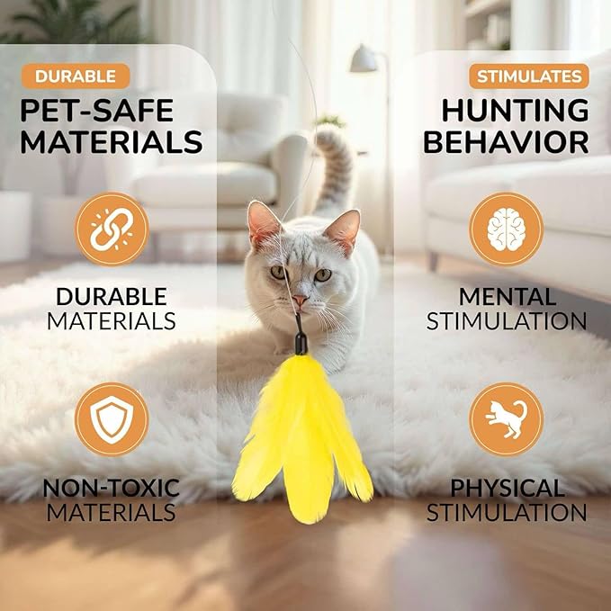 PAWSITIVE Interactive Cat Toys - Retractable Feather Wand with Refill Set 12PCS - Perfect for Indoor Cats to Chase, Exercise & Bond with Their Owners