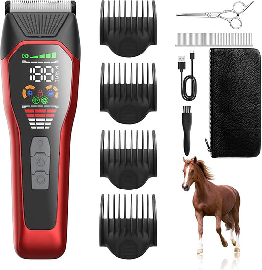 Horse Clippers Low Noise Rechargeble Horse Trimmer Kit, Pet Shaver for Heavy Thick Coats Grooming, 2-Speed Cordless Animal Shears for Horse, Sheep, Cats and Dogs