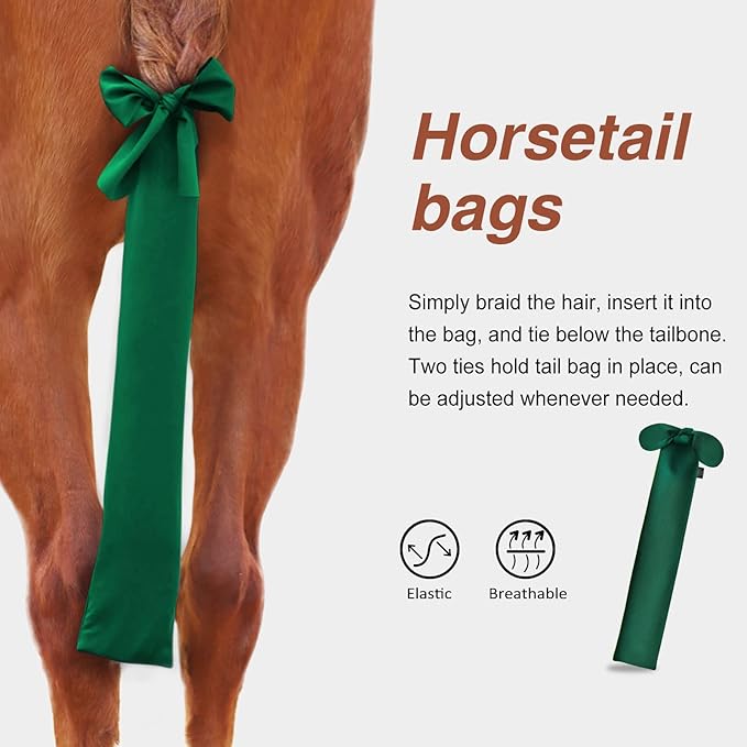 Harrison Howard Stretchy Tail Bag Breathable Horse Tail Guard Slip on Design Protect Horse Tail 2 Strand Closure Straps Keep Tail Clean & Protected 22" L Length Makes Grooming Easy-Deep Green