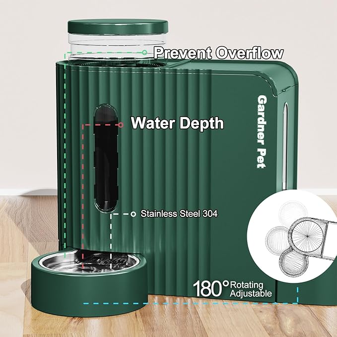 Gardner Pet Automatic Gravity Pet Feeder, 0.8 Gallons*2 Dog Feeder and Water Dispenser Set 100% BPA-Free, 2-in-1 Gravity Feeder with Stainless Steel Bowl for Dogs, Cats, Rabbits, Puppies (Green)