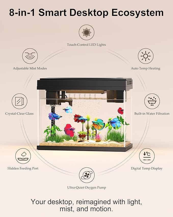 Fish Tank with Desktop Humidifier, 2.38 Gallon Quiet Eco Aquarium,Smart Touch LED Light & Temperature Display, Glass Mini Fish Tank