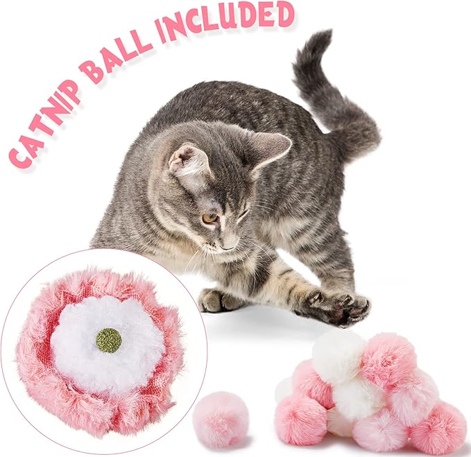 Weewooday 12 Pieces Cat Pom Pom Balls Toys Large Fuzzy Cat Ball Artificial Large Plush Ball for Cats Pets Interactive Playing Indoor(Pink, White,Solid Color)