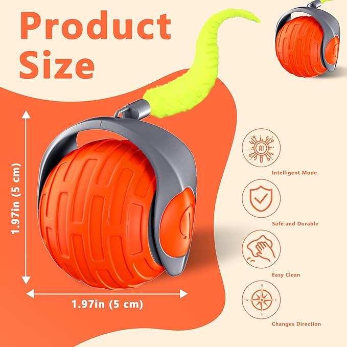 Cat Toys,Interactive Cat Toys Ball for Bored Indoor Cat,Automatic Rolling,Drop Resistant and Obstacle Avoidance,2 Modes Adjustment,Fluffy Tail and USB Type-C Rechargeable（Orange）