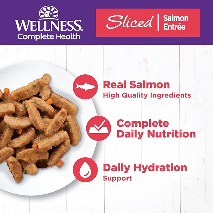 Wellness Complete Health Sliced Adult Wet Cat Food, Natural, Protein-Rich, Grain Free, 5.5 Ounce, 24 Pack, (Salmon Entrée)