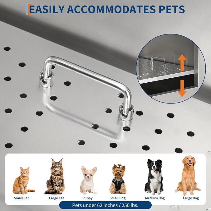 Stainless Steel Dog Washing Station - Dog Bath Tub for Large, Medium, Small Dogs, Pet Grooming Tub with Ramp, Non-Slip Grate, Shower, Soap Box, Faucet, Drain for Home & Outdoor （Right RAMP, 50"）