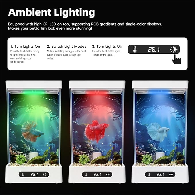 Betta Fish Tank, Smart Automatic Heating, Easy Water Change Valve, and Energy-Efficient LED Lighting - Perfect for Office, Home, and Bedrooms