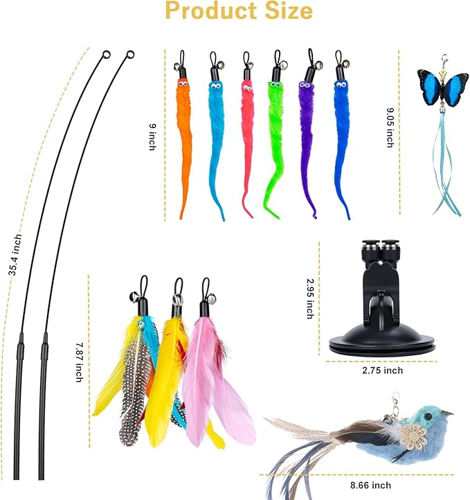 Cat Feather Toys, 14PCS With 2 Slots Super Suction Cup, Detachable 2PCS Wand & 11PCS Replacement Teaser Refills With Bell, Interactive Toy for Indoor Cats Kitten Play Exercise