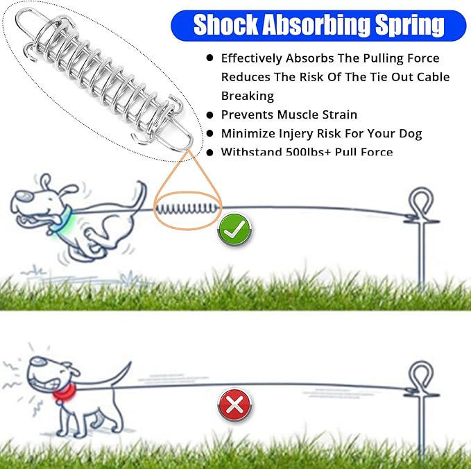 jenico Dog Tie Out Cable - 25ft Dog Lead for Yard - Heavy Duty Dog Chain with Shock Spring - Outdoor Tether Leash for Small Large Dogs Up to 500 lbs