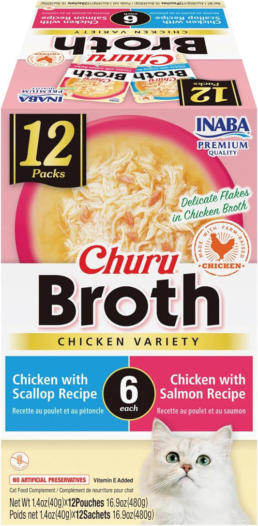 INABA Churu Broth for Cats, Side Dish Pouch, 1.4 Ounces per Pouch, 12 Pouches, Chicken Variety