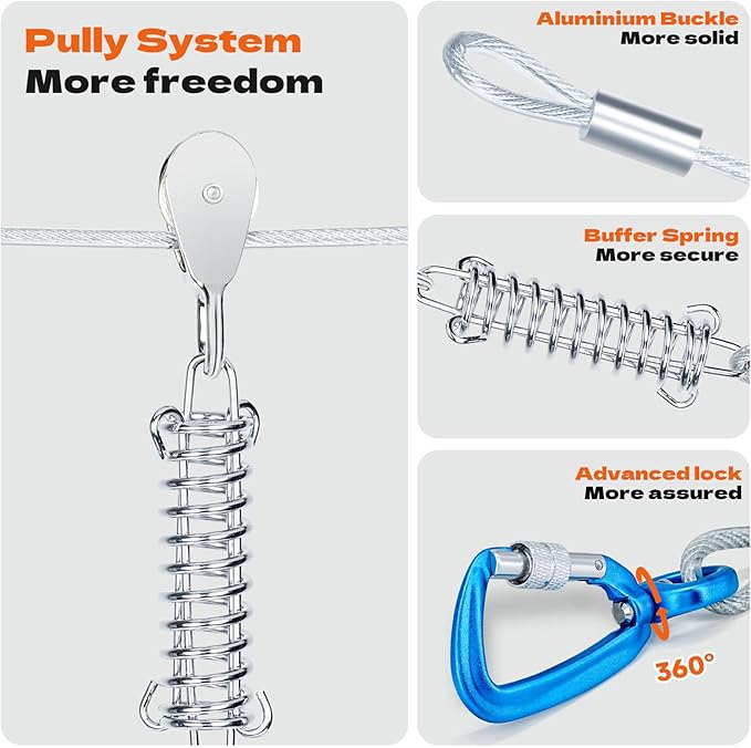 100ft Dog Runner for Yard Large Dog Heavy Duty with Double Shock Absorbers Tangle-Free Aerial Trolley System for Large Dogs Up to 250lbs(Silver)