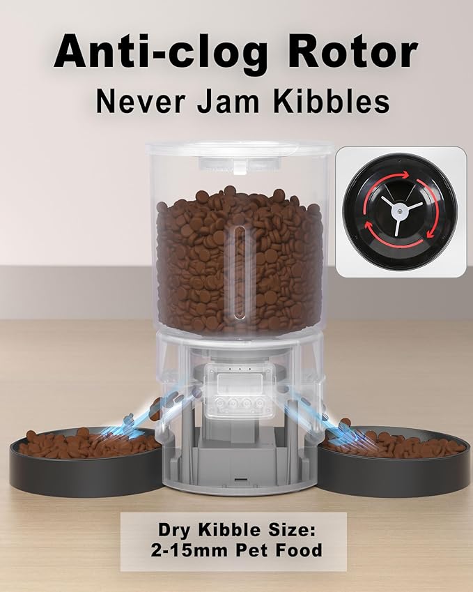 Dual Automatic Cat Feeder 2 Cats,6 Meals/Day,12 Portions/Meal,4.2L Dual Power Double Bowls Feeder,Dry Food Auto Pet Dispenser,10S Voice Record,Flexible Schedule Timer (Black,Basic Dual Bowls)